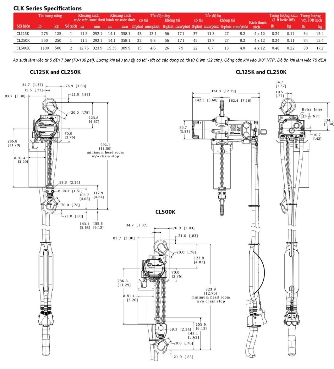 Thông số kỹ thuật pa lăng xích khí nén CLK Series Ingersoll Rand