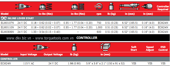Thông số kỹ thuật tô vít lực điện tử ELM Series Ingersoll Rand